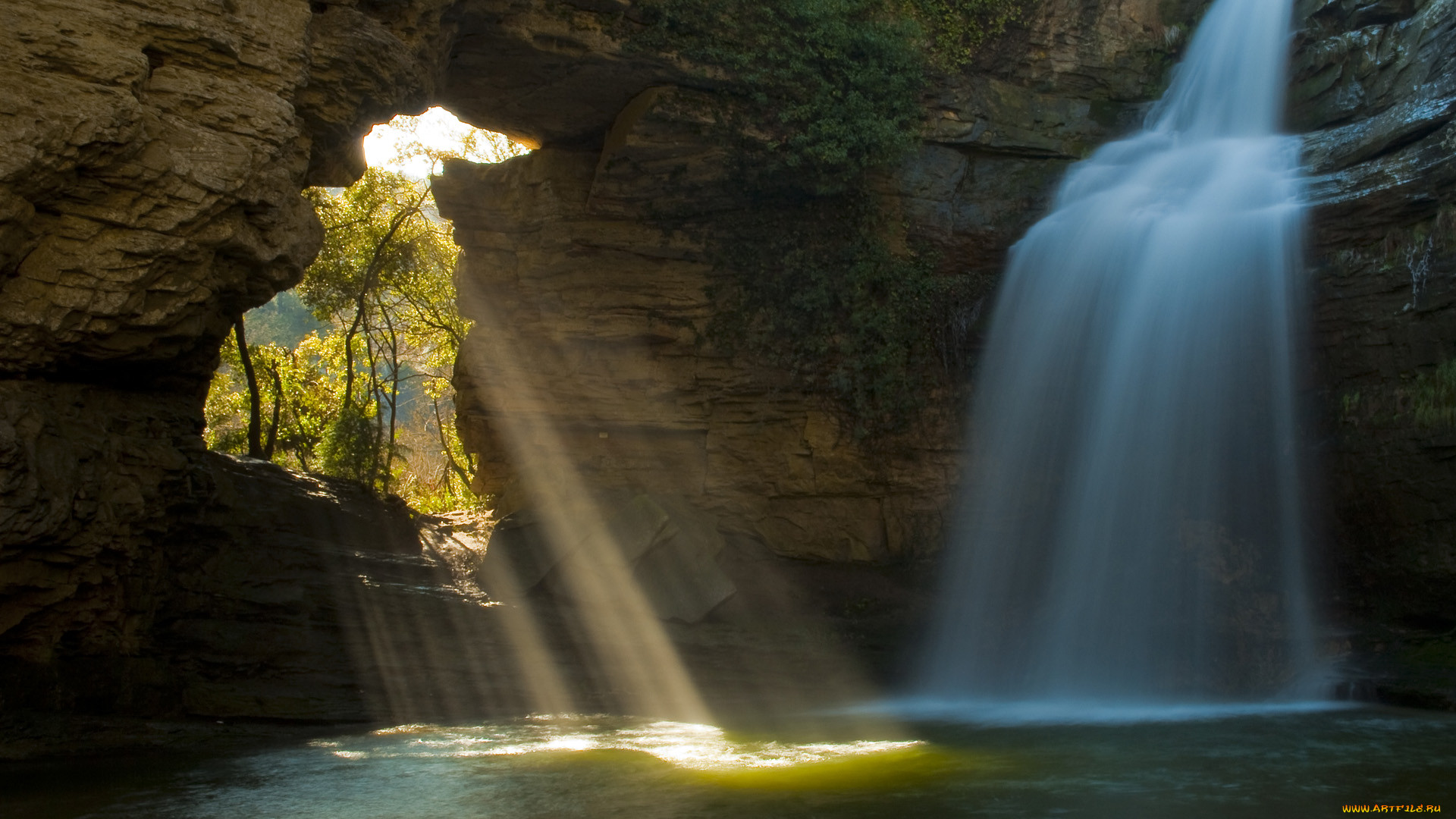 limestone, cave, and, waterfall, the, foradada, catalonia, spain, , , 